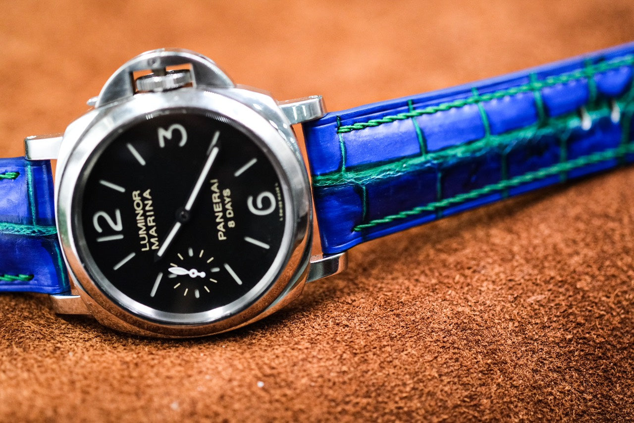 Hand dyed blue patina belly crocodile leather handmade watch strap For Panerai HDPAM40