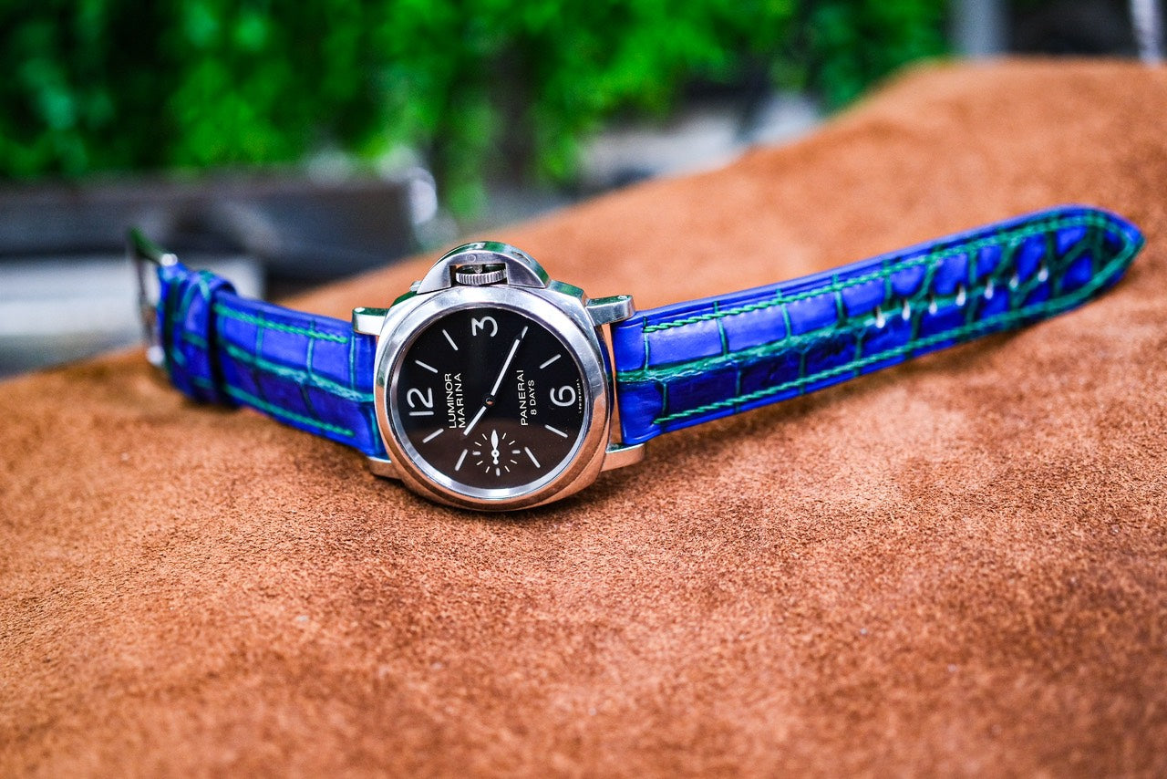 Hand dyed blue patina belly crocodile leather handmade watch strap For Panerai HDPAM40