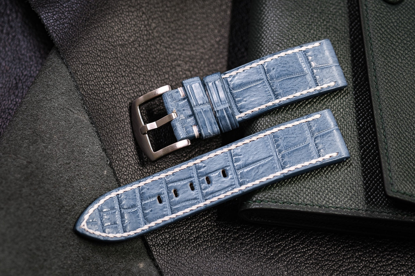 Custom sky blue color crocodile belly skin leather strap HDCSNS13