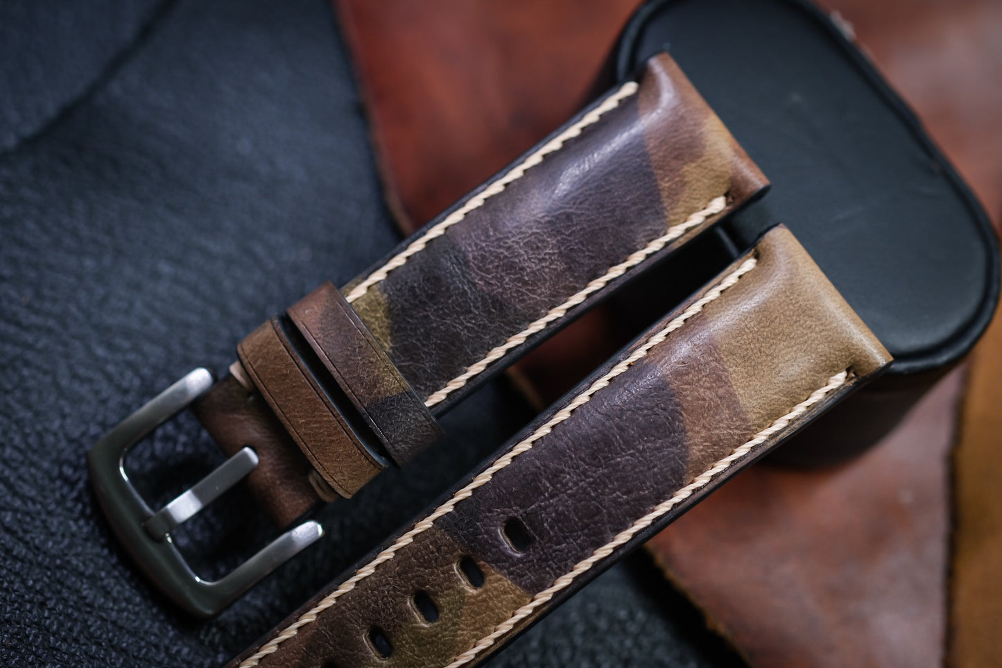 DARK GREY CAMEL COW LEATHER WATCH STRAP HDCA45