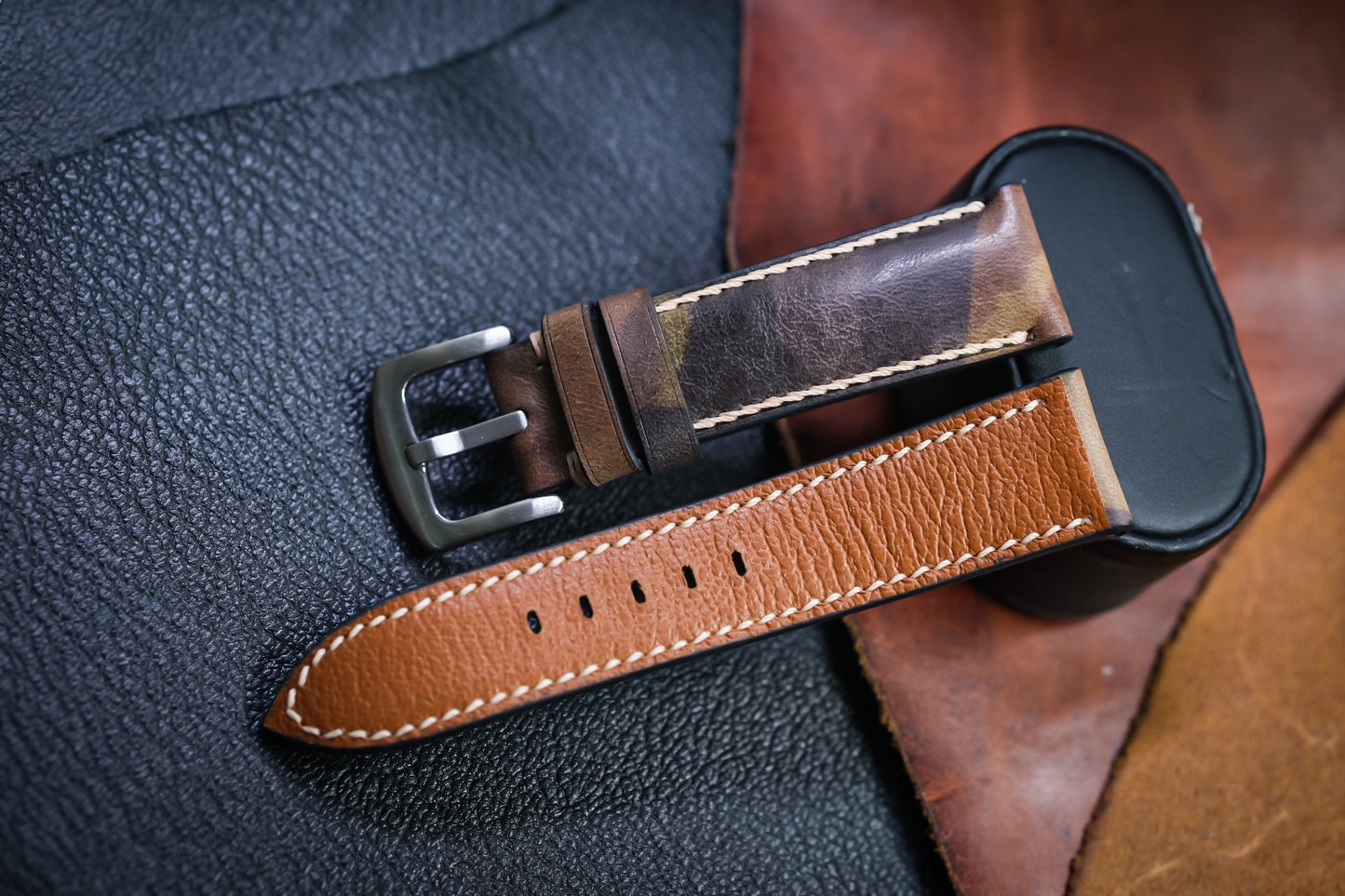 DARK GREY CAMEL COW LEATHER WATCH STRAP HDCA45