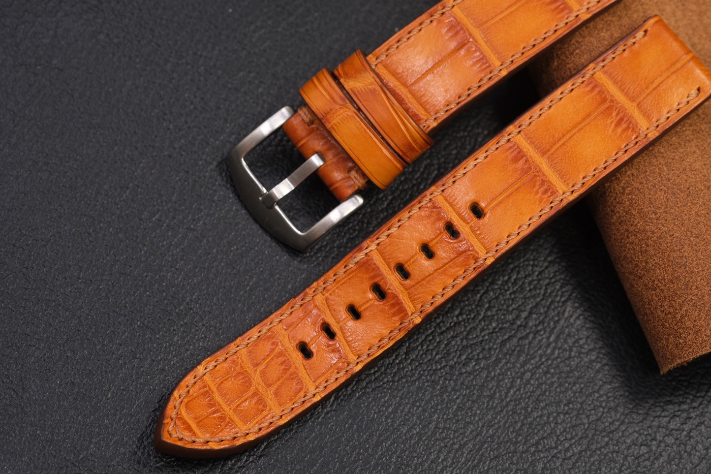 Tabac brown crocodile belly skin leather strap HDCSNS21