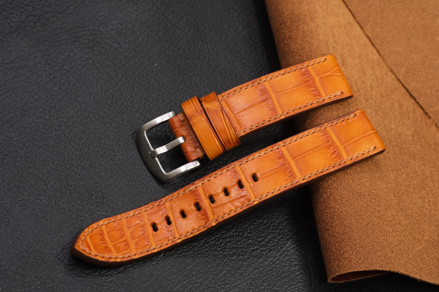 Tabac brown crocodile belly skin leather strap HDCSNS21