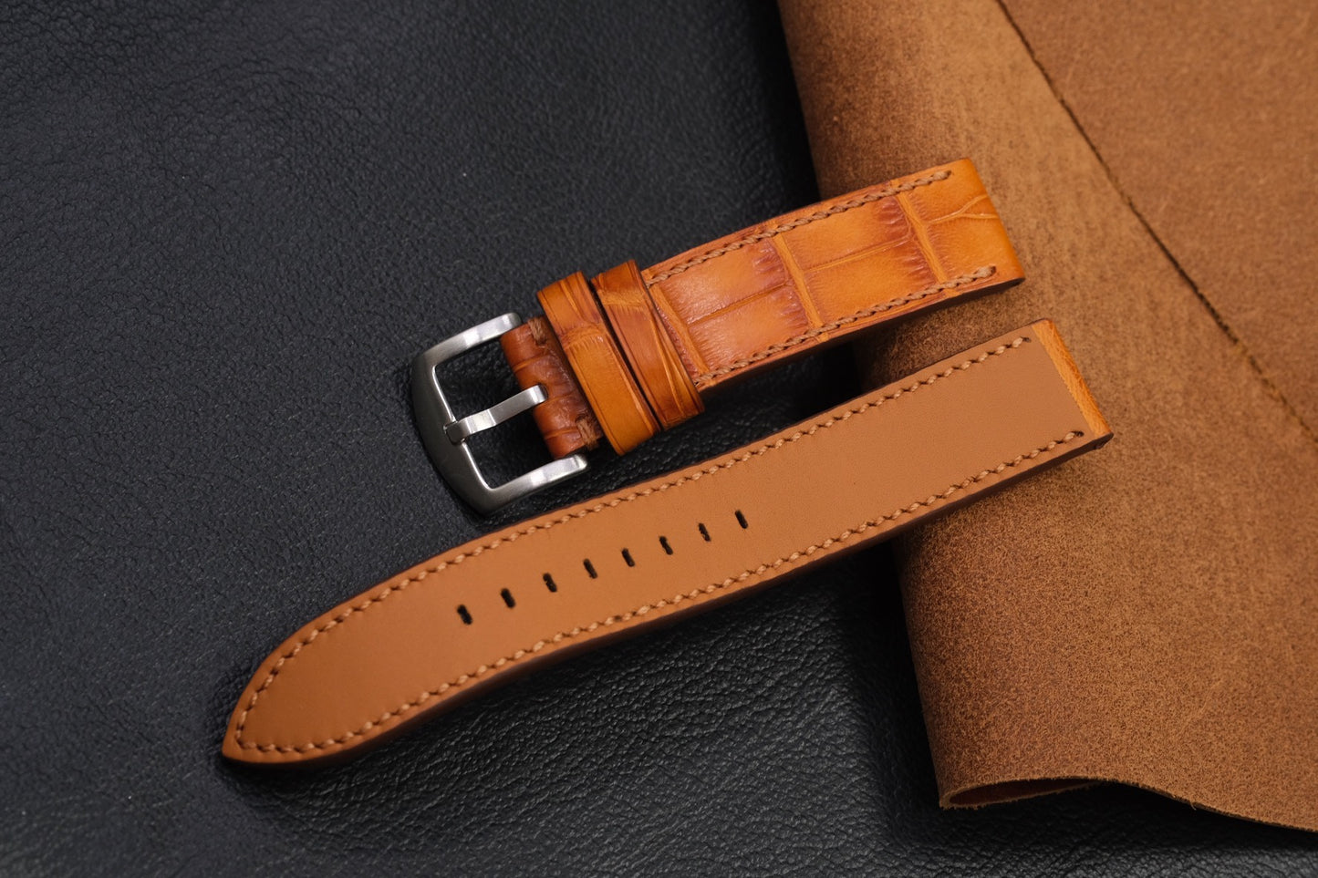 Tabac brown crocodile belly skin leather strap HDCSNS21