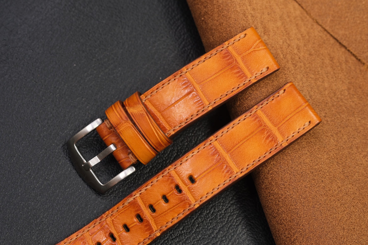 Tabac brown crocodile belly skin leather strap HDCSNS21