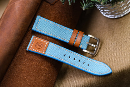 Custom turquoise canvas strap mixed with brown vachetta leather for Zelos HDCVS15