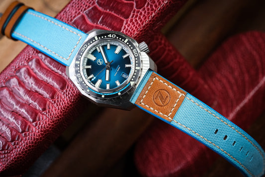 Custom turquoise canvas strap mixed with brown vachetta leather for Zelos HDCVS15