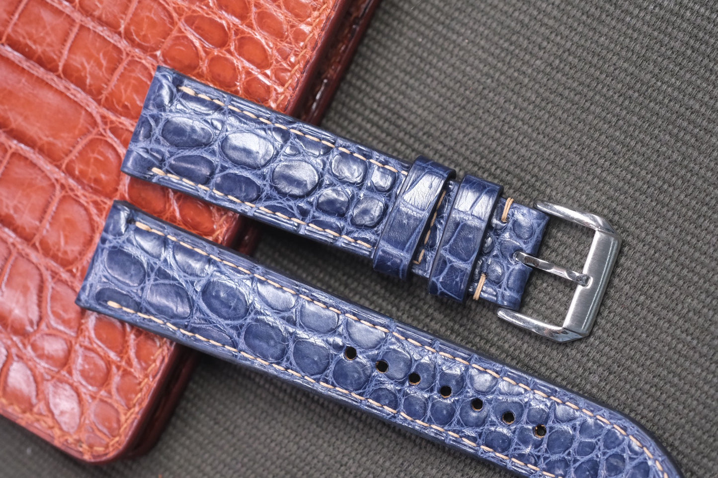 NAVY BLUE CROCODILE LEATHER WATCH STRAP RD42