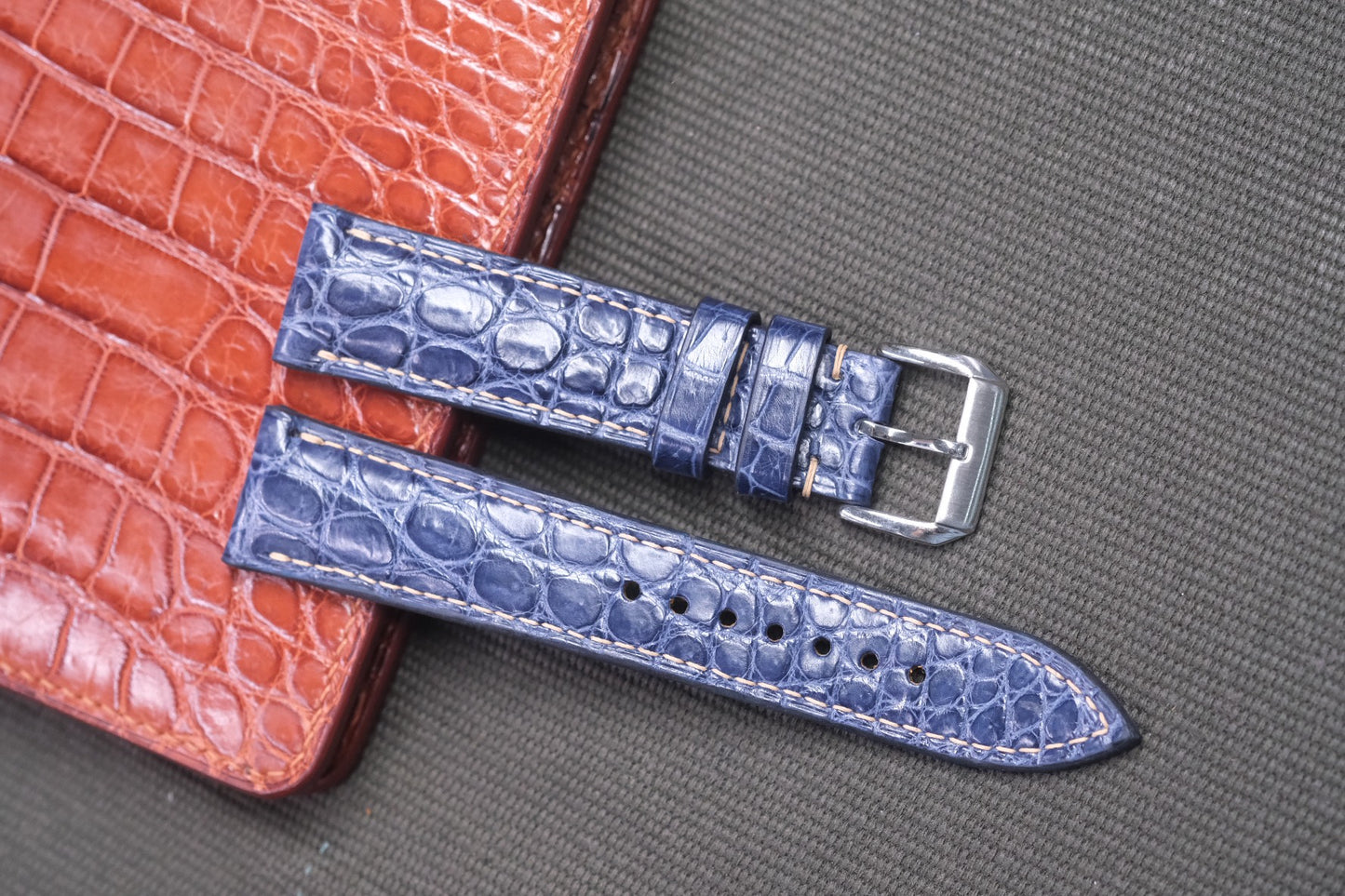 NAVY BLUE CROCODILE LEATHER WATCH STRAP RD42