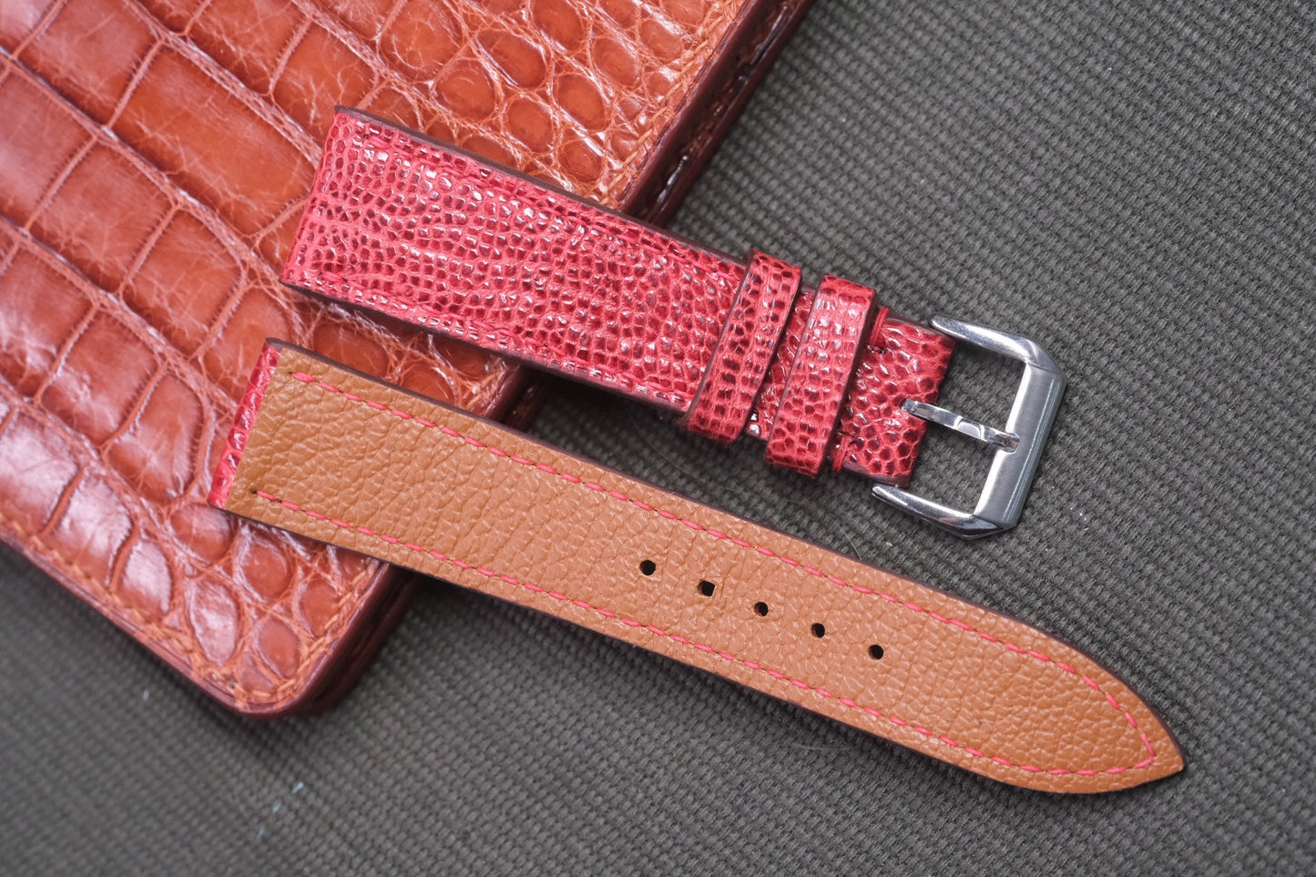 RED OSTRICH LEG SKIN LEATHER WATCH STRAP RD46