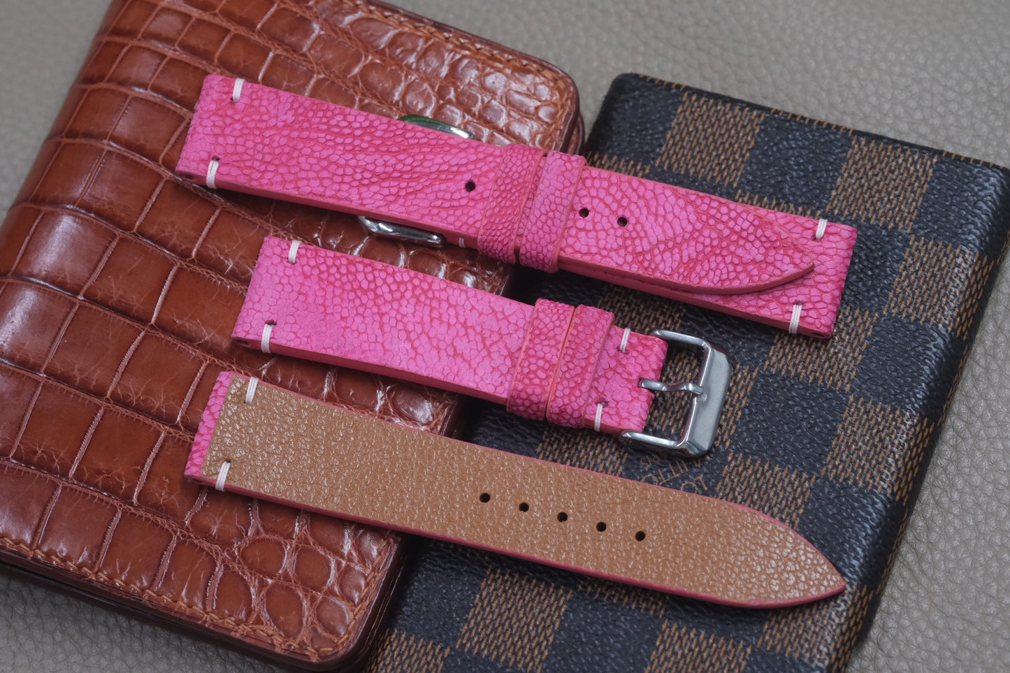 PINK OSTRICH LEG SKIN LEATHER WATCH STRAP RD53