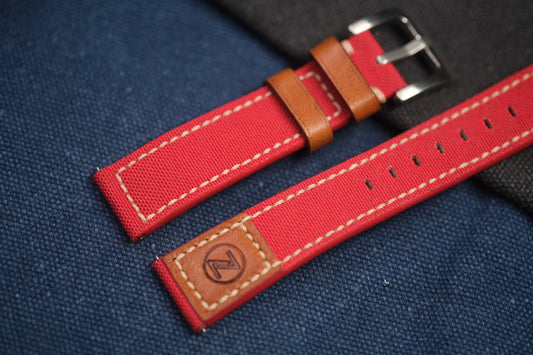 RED CANVAS STRAP MIXED WITH BROWN VACHETTA LEATHER FOR ZELOS RD68