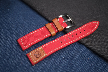 RED CANVAS STRAP MIXED WITH BROWN VACHETTA LEATHER FOR ZELOS RD68