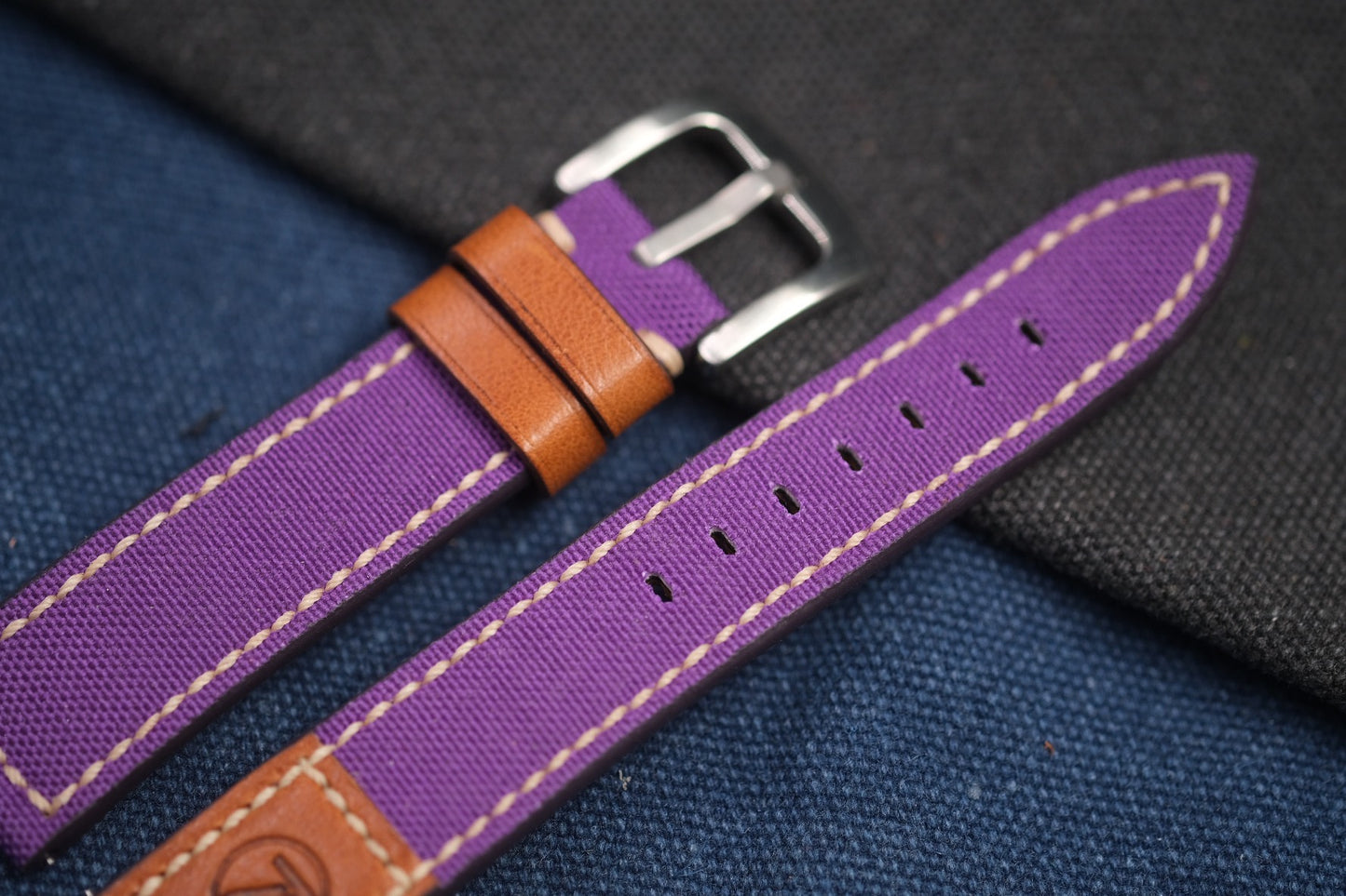 PURPLE CANVAS STRAP MIXED WITH BROWN VACHETTA LEATHER FOR ZELOS RD69