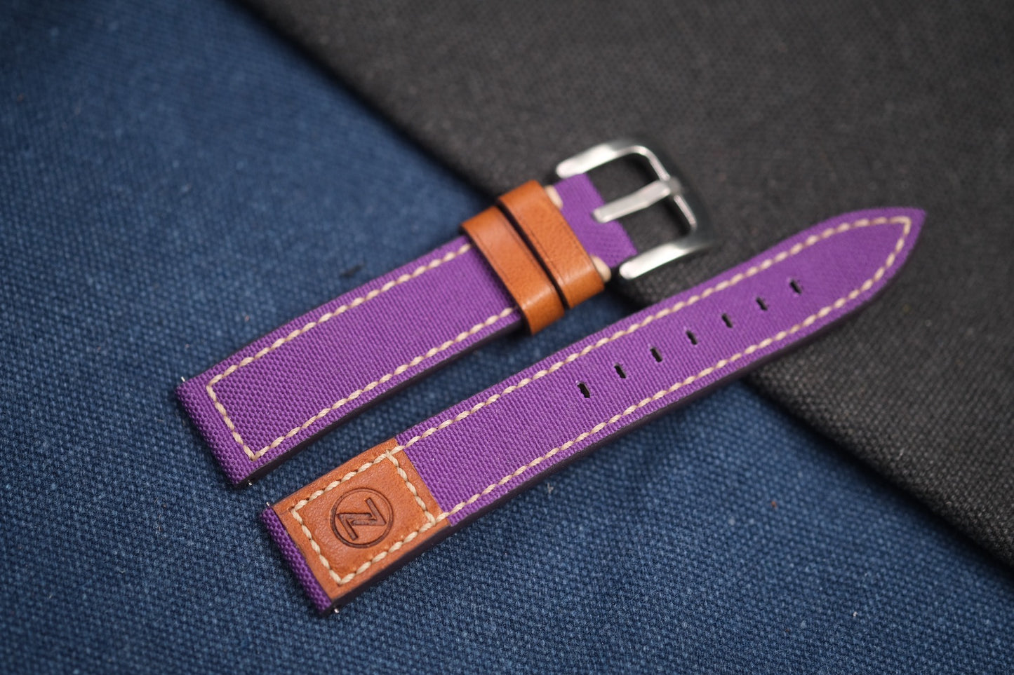 PURPLE CANVAS STRAP MIXED WITH BROWN VACHETTA LEATHER FOR ZELOS RD69