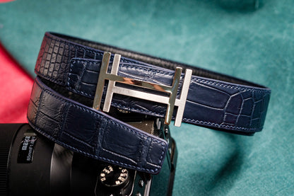 BESPOKE GENUINE NAVY BLUE CROCODILE LEATHER MAN BELT HDBE18