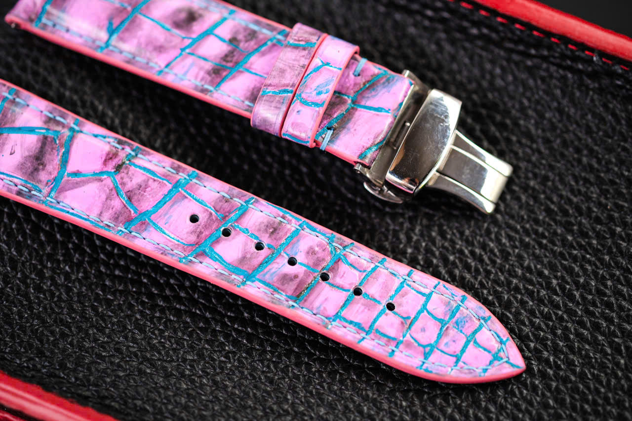 HAND DYED PATINA TURQUOISE RED PATINA CROCODILE SKIN LEATHER STRAP HDCS90