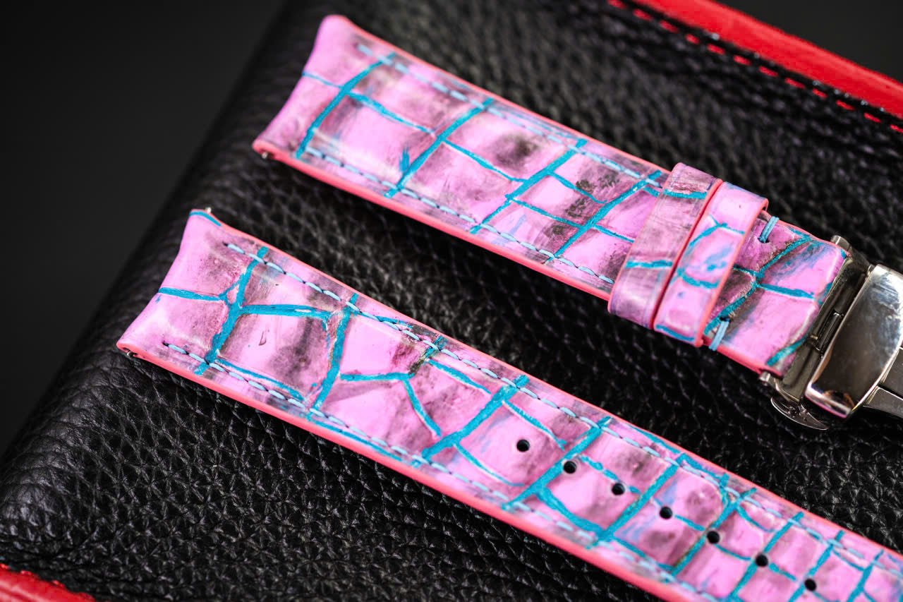 HAND DYED PATINA TURQUOISE RED PATINA CROCODILE SKIN LEATHER STRAP HDCS90