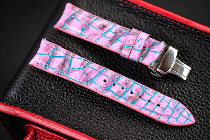 HAND DYED PATINA TURQUOISE RED PATINA CROCODILE SKIN LEATHER STRAP HDCS90