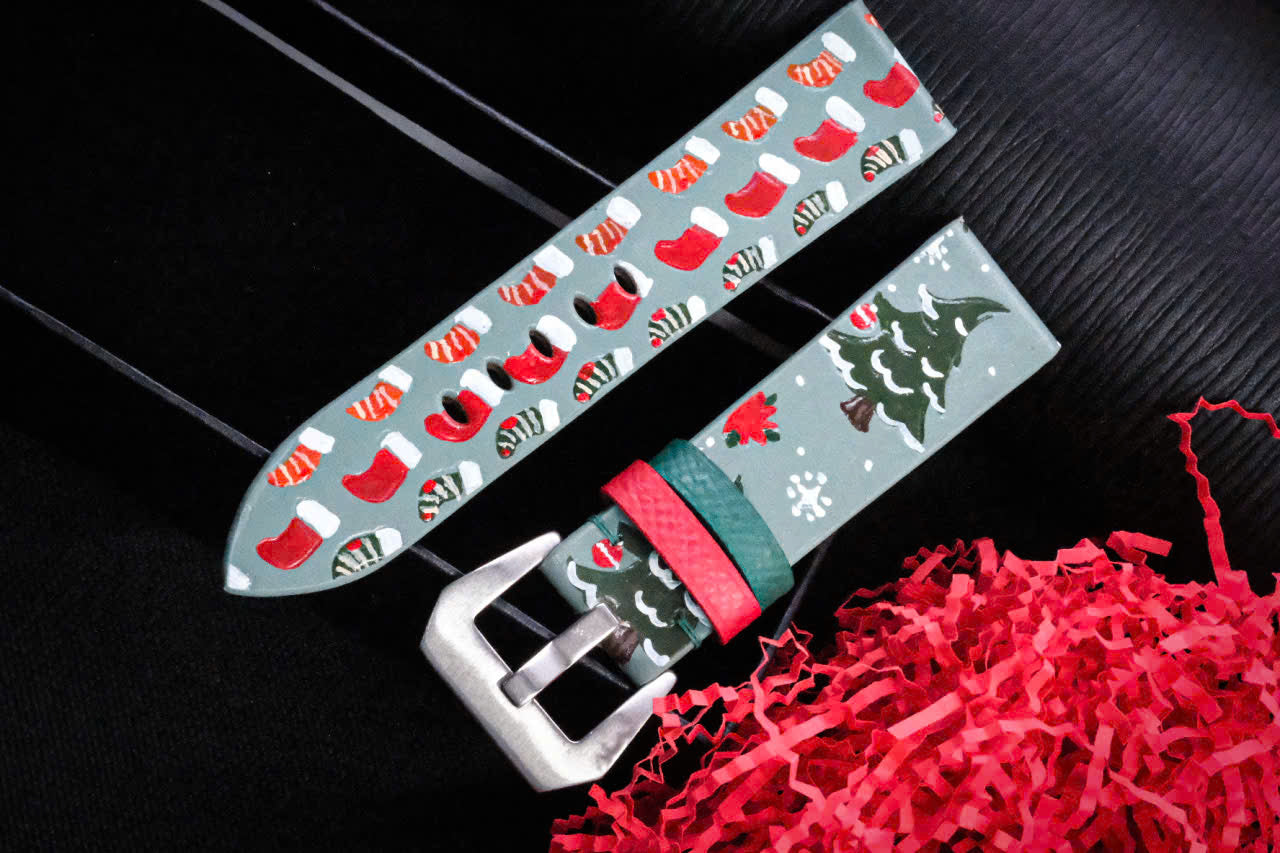 Christmas tree hand painted leather watch strap HDCLE82