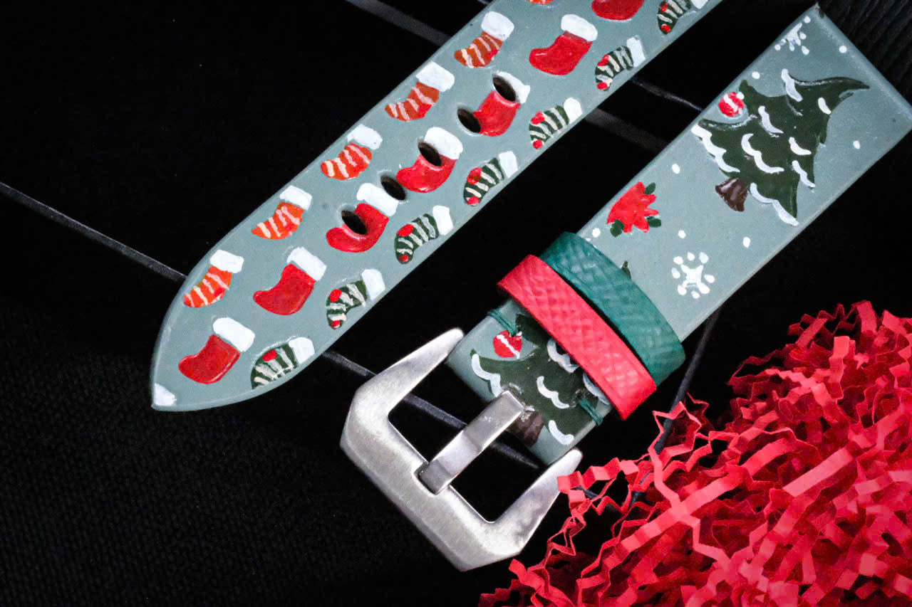 Christmas tree hand painted leather watch strap HDCLE82