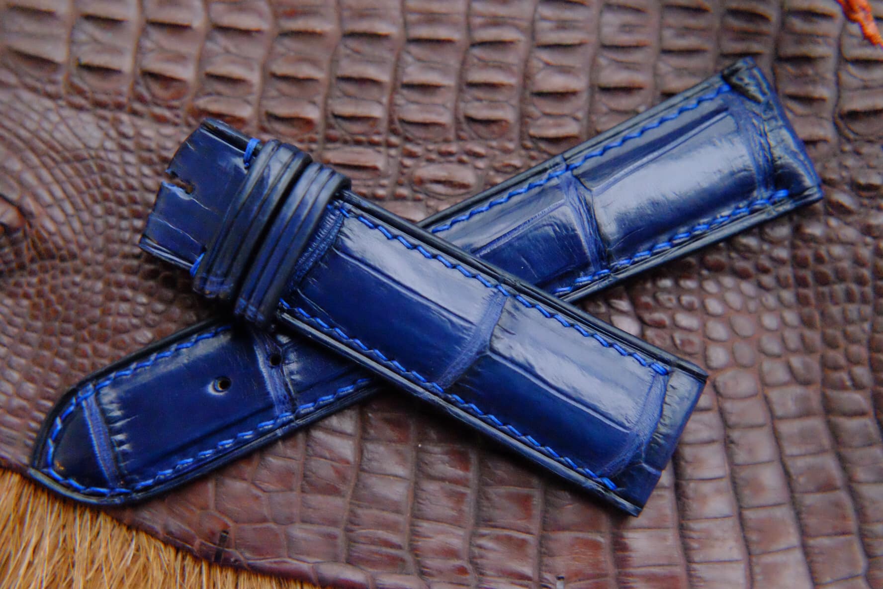  Stonestreet Leather, Sapphire Blue Exotic Alligator/Crocodile  Embossed Cowhide Leather, 2-1/2 oz - 3-1/2 oz Straps/Strips