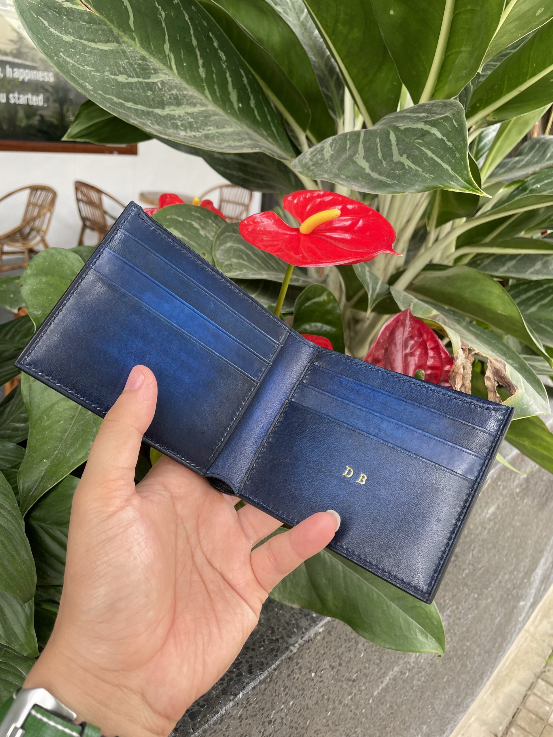 Blue hand dyed patina veg leather wallet HDWA55